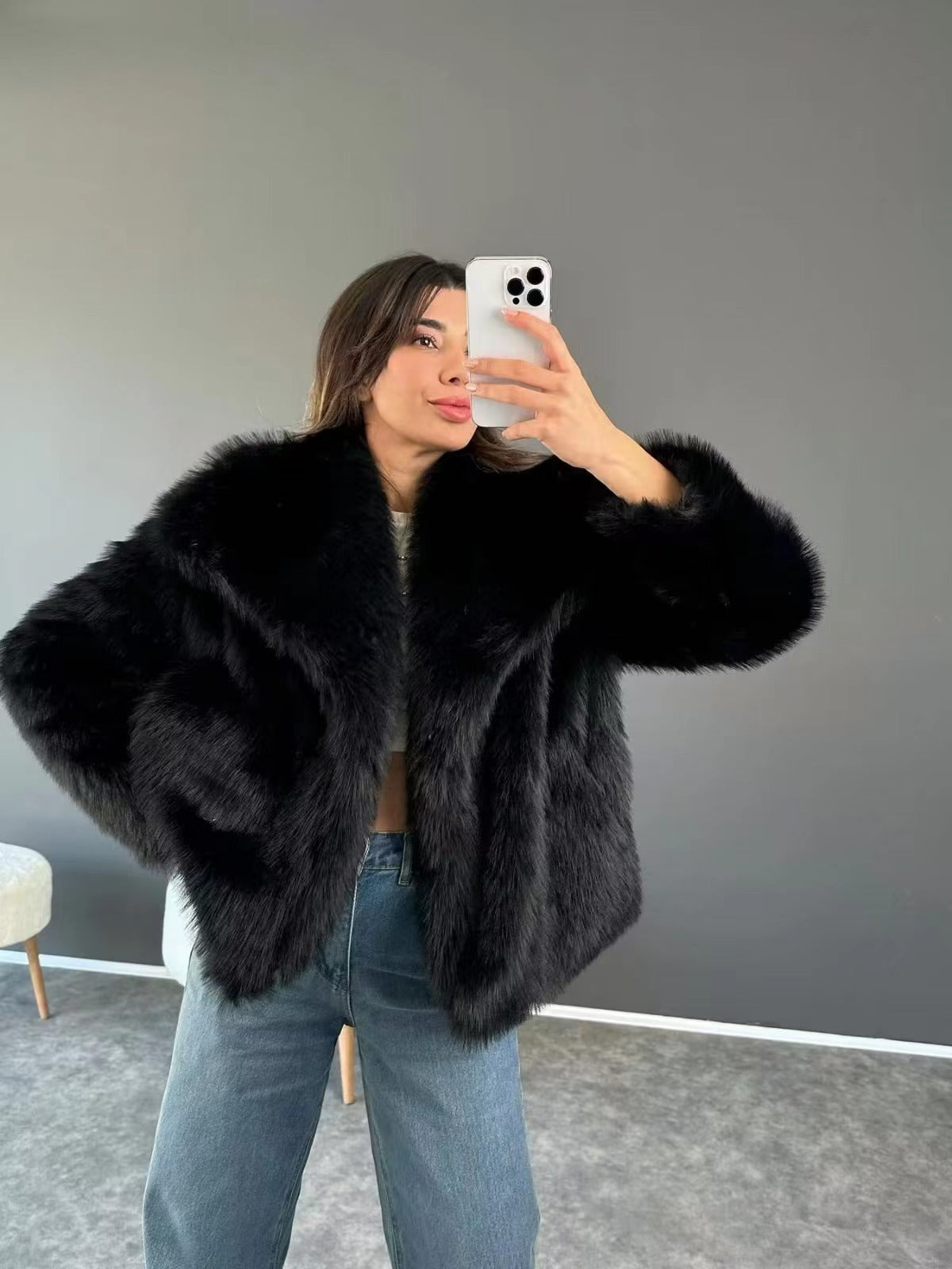 Arctic Embrace Cropped Large Lapel Plush Jacket