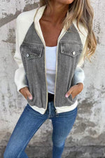 Zippered denim paneled sweatshirt jacket