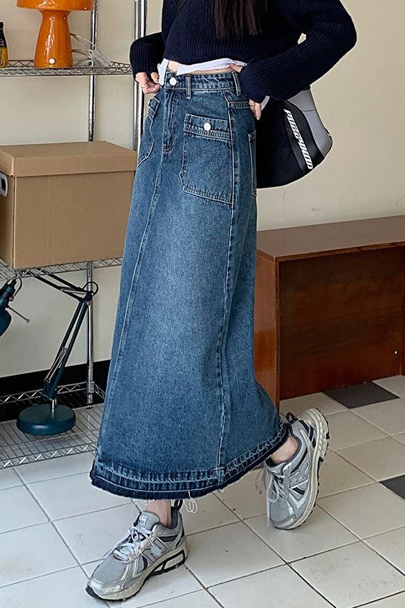 Jupe trapèze taille haute multipoches en denim lavé