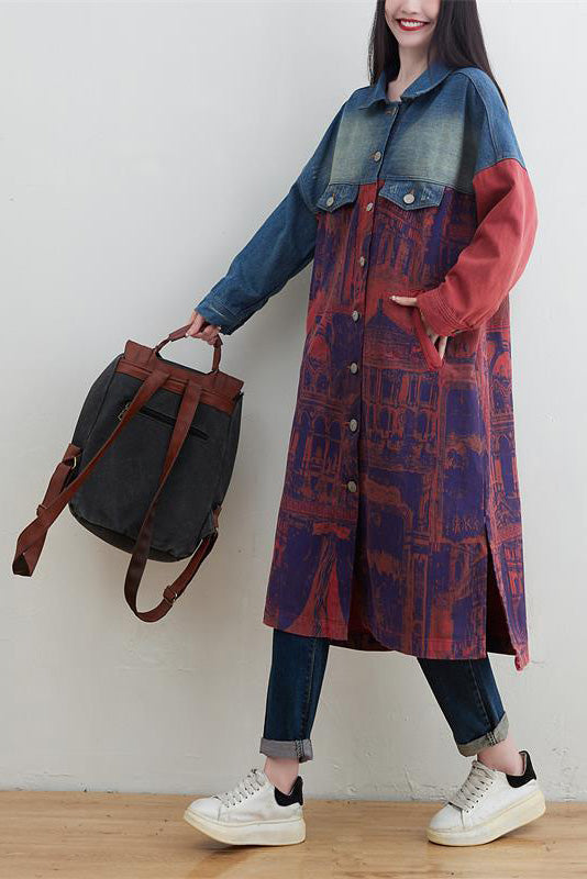 Knee-length patchwork denim trench coat