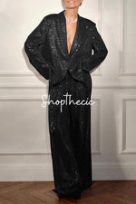 Sequined V-neck loose-fitting suit jacket and wide-leg pants set