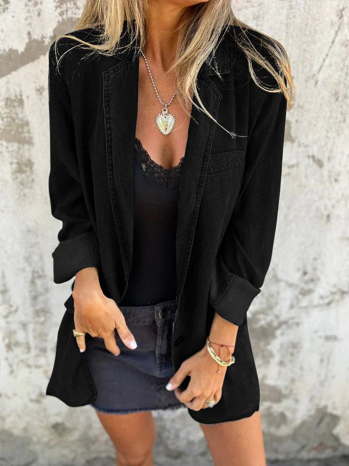 Mittellange Jeansjacke mit lockerem Revers und Anzugkragen