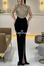 Sequined sleeveless top paired with long evening dress