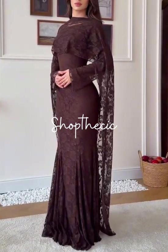 Abito lungo aderente con scialle in pizzo marrone Eroded Glamour
