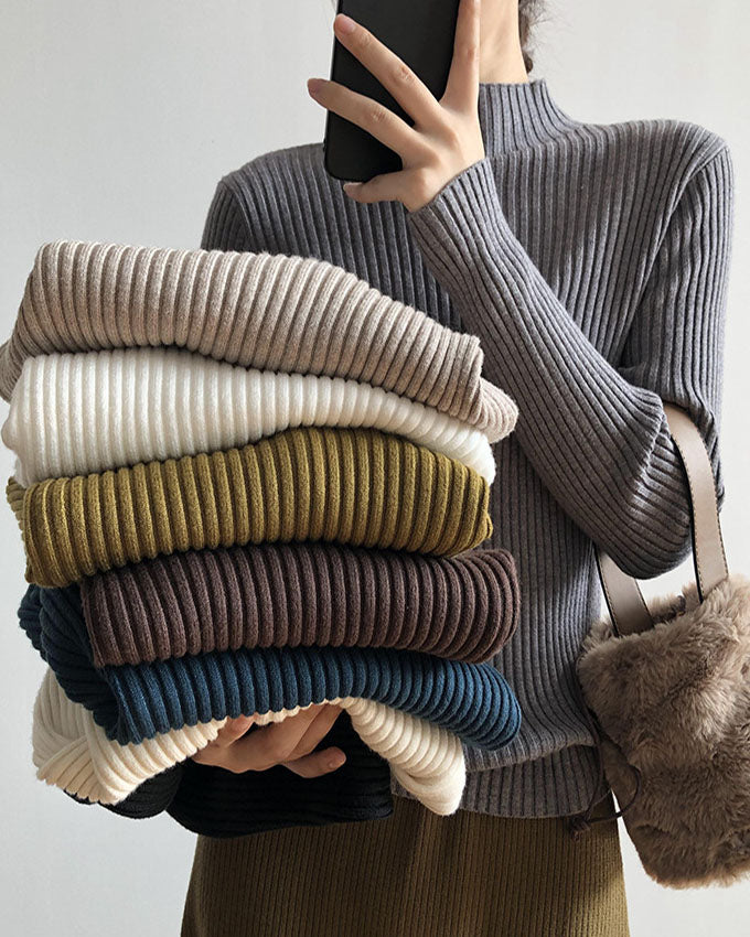 Half turtleneck slim fit pit striped versatile sweater