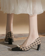Pearl-Embellished Chunky Heel Plaid Velvet Shoes