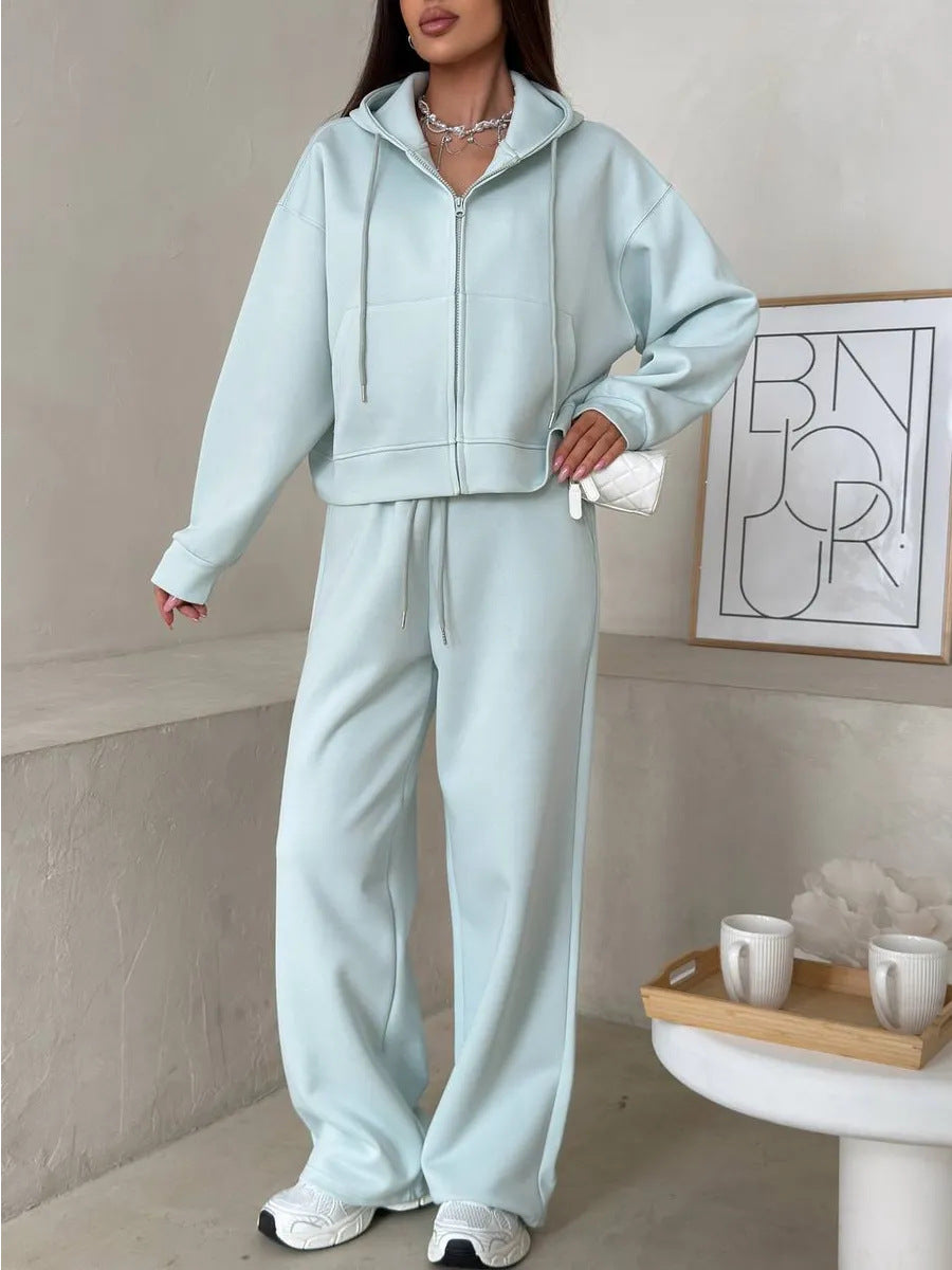 Zippered hooded sweatshirt and lace-up trousers two-piece set