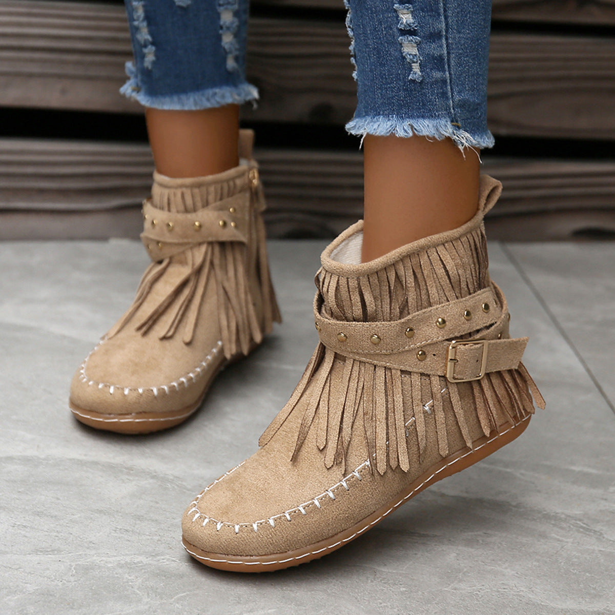Studded flat tassel boots
