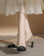 Pearl-Embellished Chunky Heel Plaid Velvet Shoes