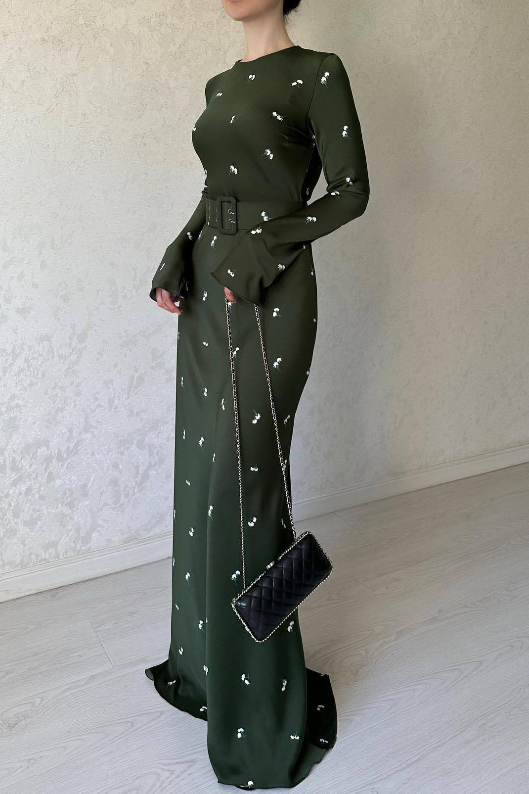 Embroidered Belt Slim-fit Ruffle Hem A-line Long Dress