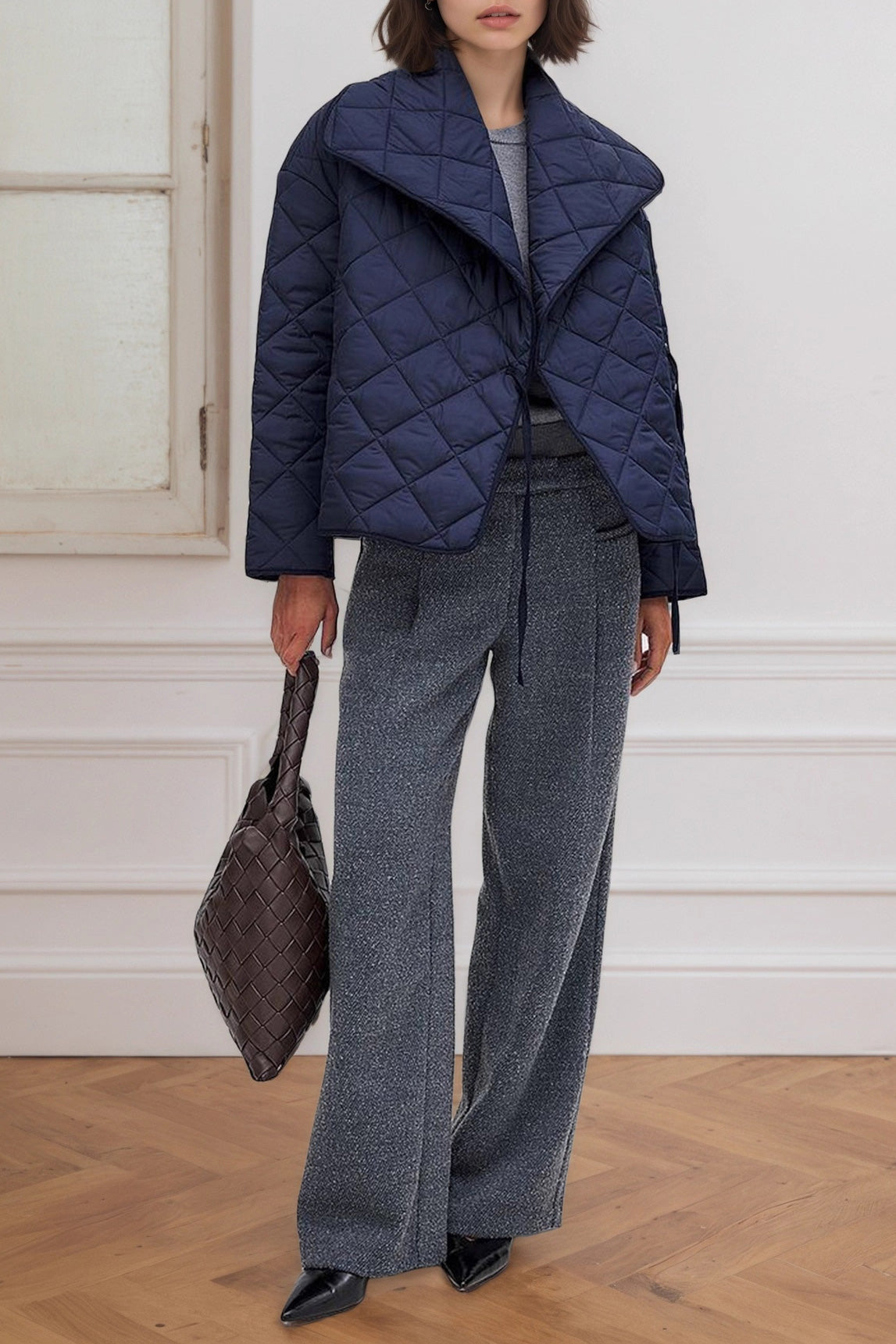Navy Diamond quilting Cropped large lapel cotton jacket
