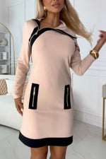 Offset zipper neckline contrasting pockets fitted waist sweatshirt dress