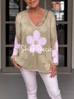 V-neck floral openwork knit cover-up