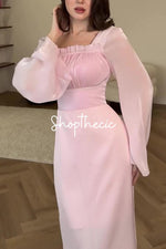 Square neckline patchwork pleated silk bell sleeve bodycon dress