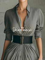 Robe longue chemise boutonnée à col minimaliste