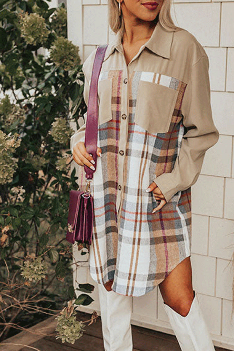 Einreihiges kariertes Patchwork-Hemdkleid