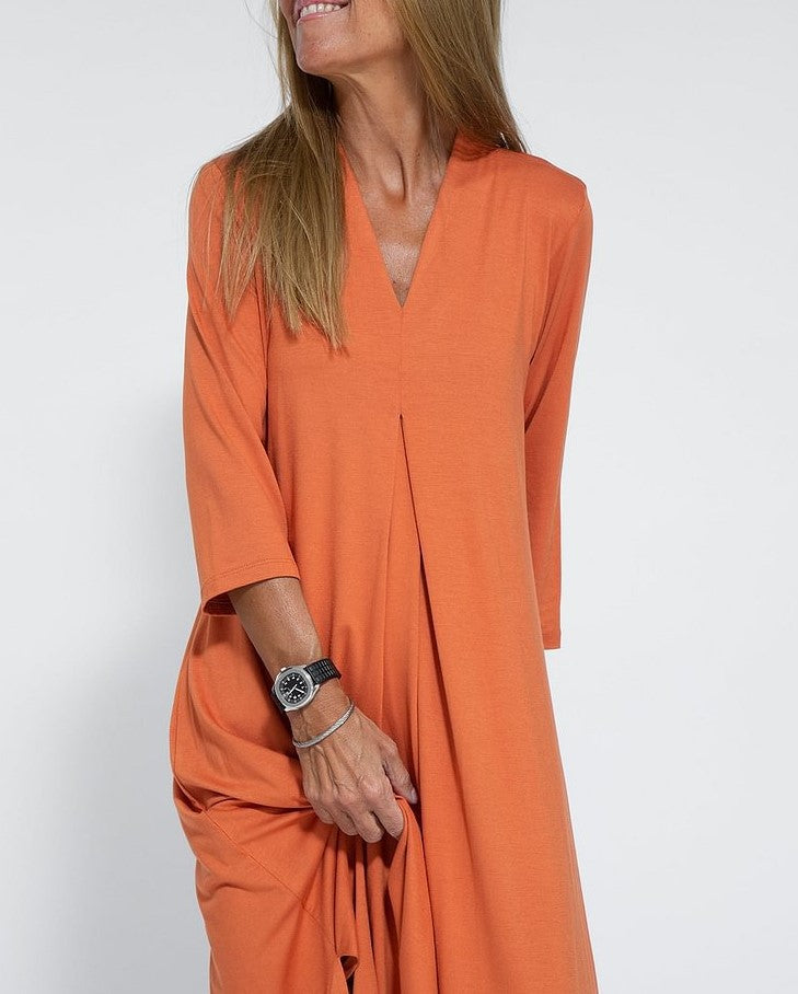 Robe fendue à manches trois-quarts et col en V de couleur unie