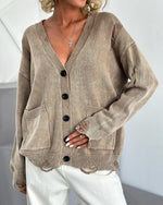 Cozy distressed deep V-neck single-breasted loose wool cardigan