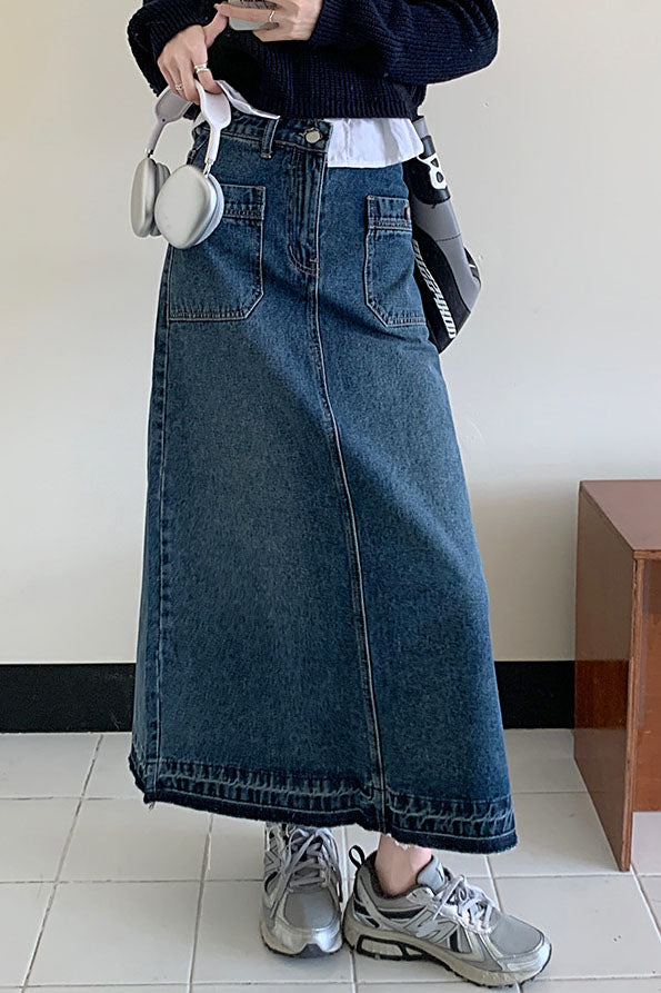 Jupe trapèze taille haute multipoches en denim lavé