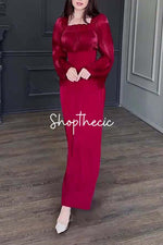 Square neckline patchwork pleated silk bell sleeve bodycon dress