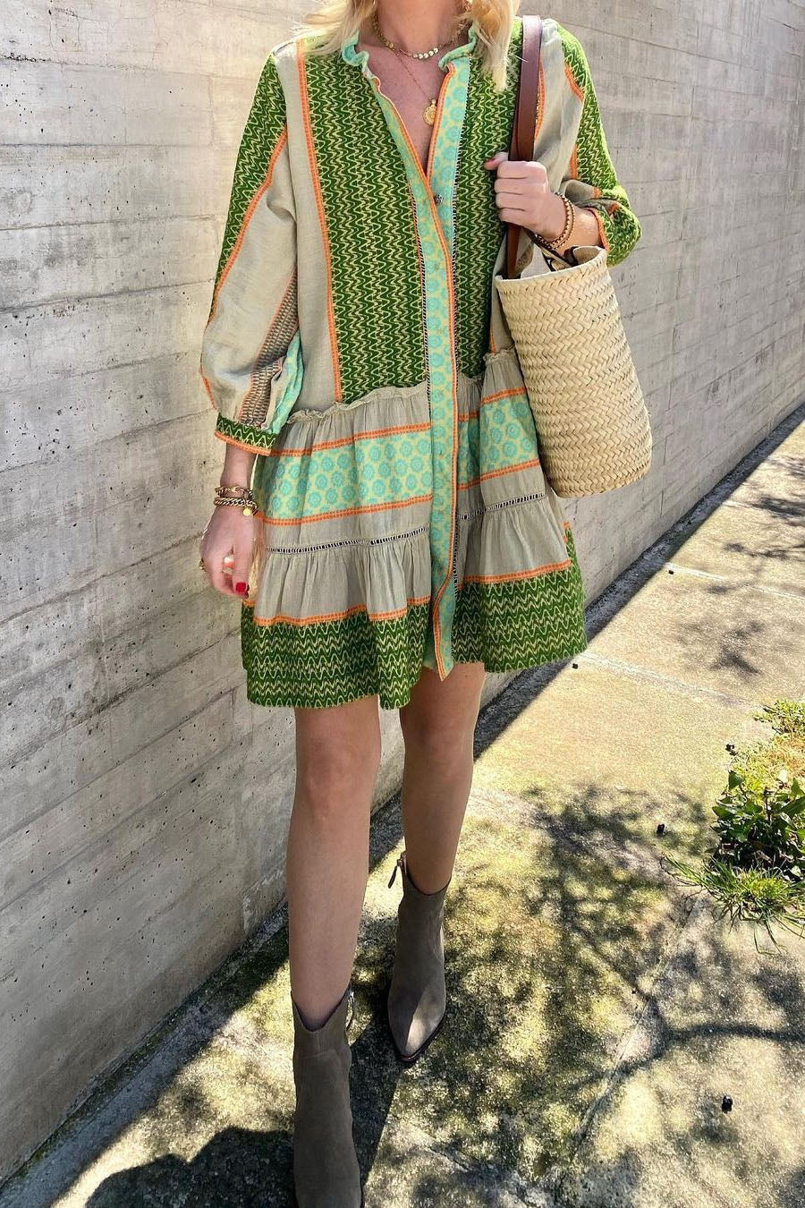 Robe midi imprimée à manches courtes en coton et lin