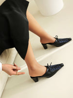 Square high heel pointed toe lace-up stitching mules