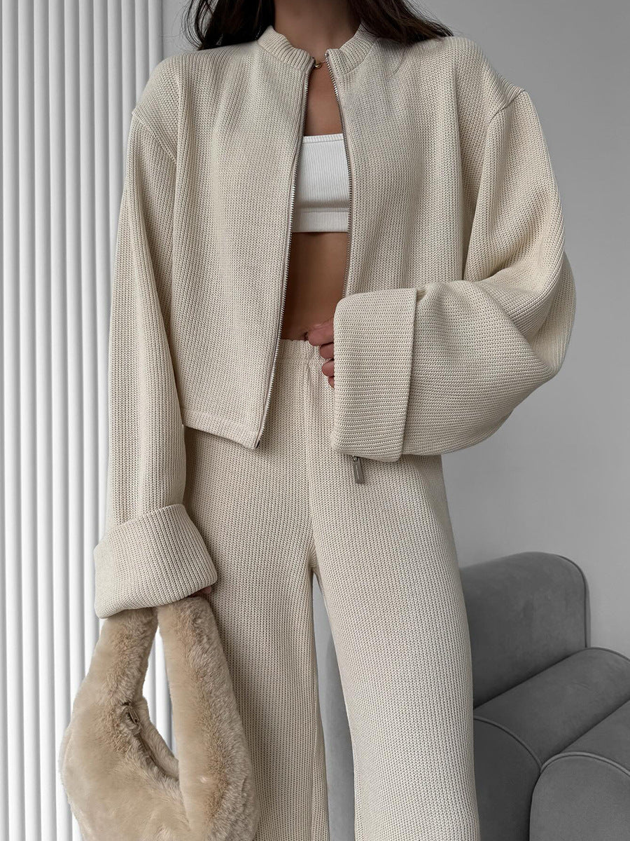 Ensemble veste à manches longues et pantalon large en tricot avec fermeture éclair