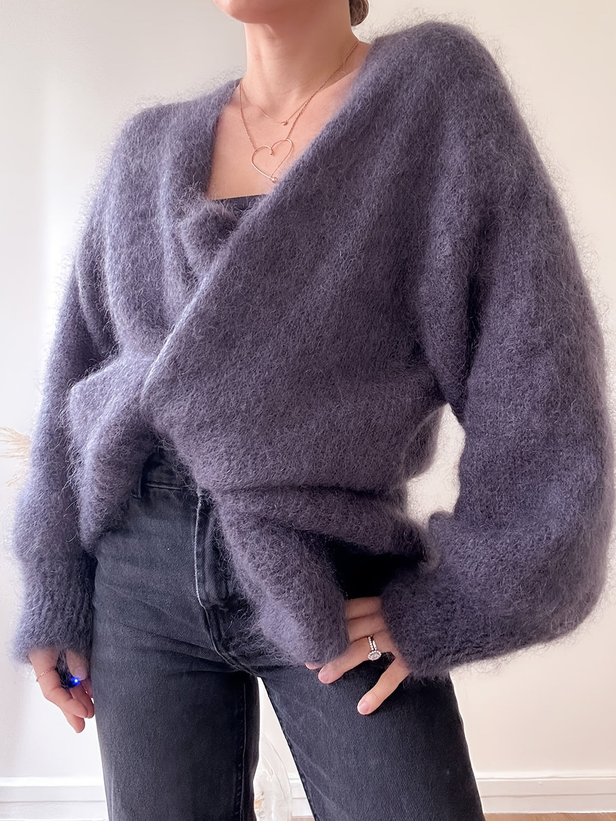 Gray Loose Faux Mink Knit Cardigan