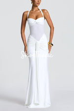 Halter-neck tie-up mesh spliced ribbon maxi dress