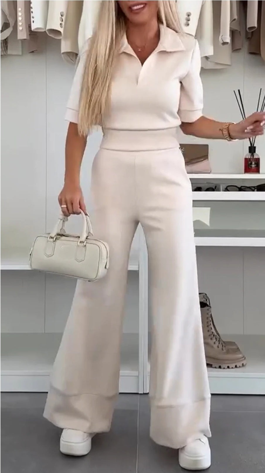Ensemble deux pièces à manches courtes et revers de couleur unie et pantalon large taille haute