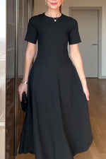 Temperament solid color waist loose hem midi dress