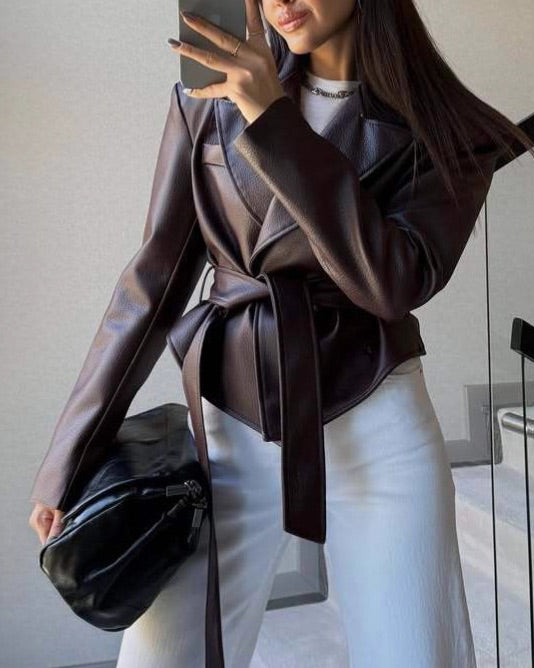 Trendy belted short leather motorcycle jacket