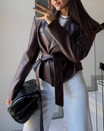 Trendy belted short leather motorcycle jacket