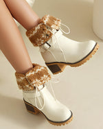 Two-way lace-up thick-heeled warm furry low boots