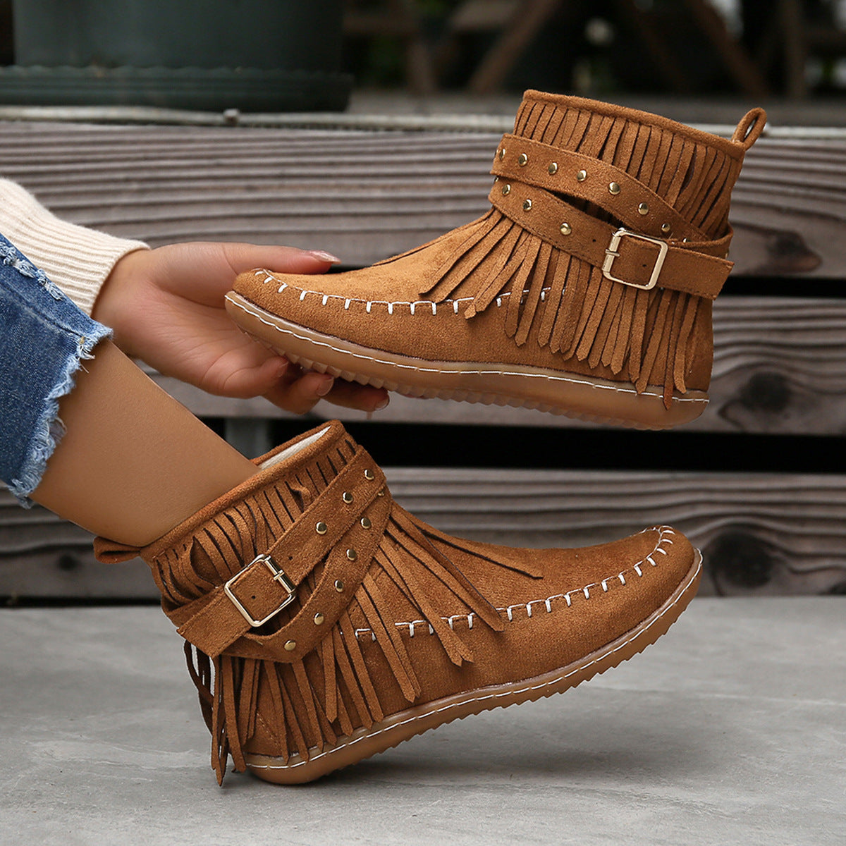 Studded flat tassel boots