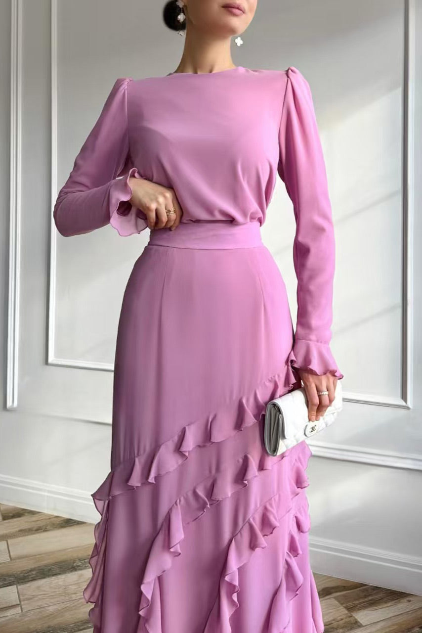 Long-sleeved top with ruffled hem and fitted long skirt two-piece set