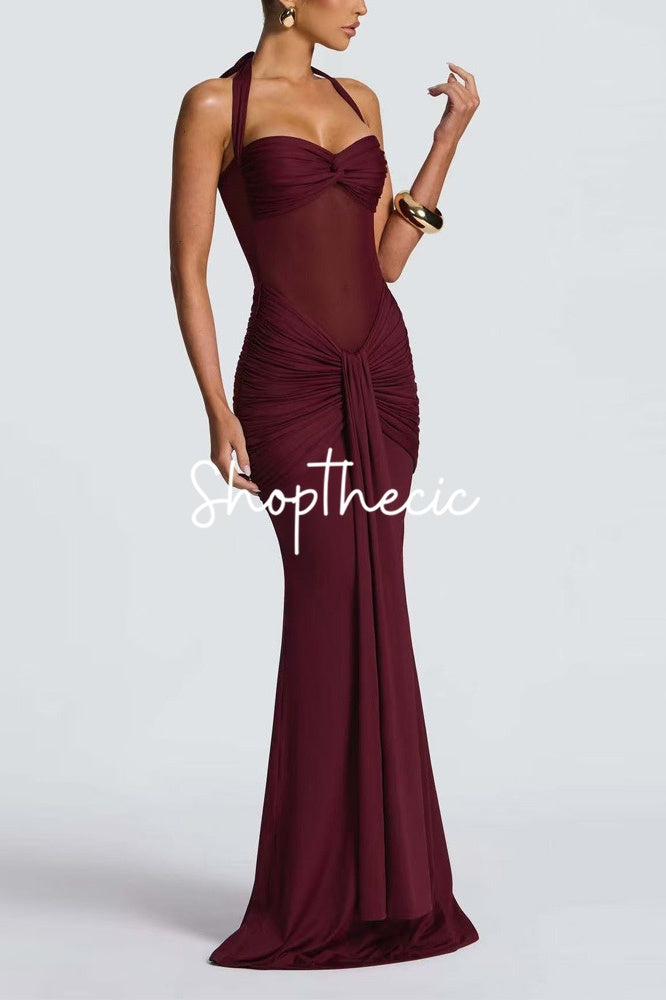 Halter-neck tie-up mesh spliced ribbon maxi dress