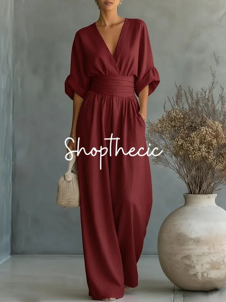 Elegant solid color fitted waist V-neck jumpsuit
