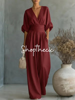 Elegant solid color fitted waist V-neck jumpsuit