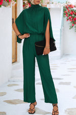 Stand collar three-quarter split sleeve jumpsuit