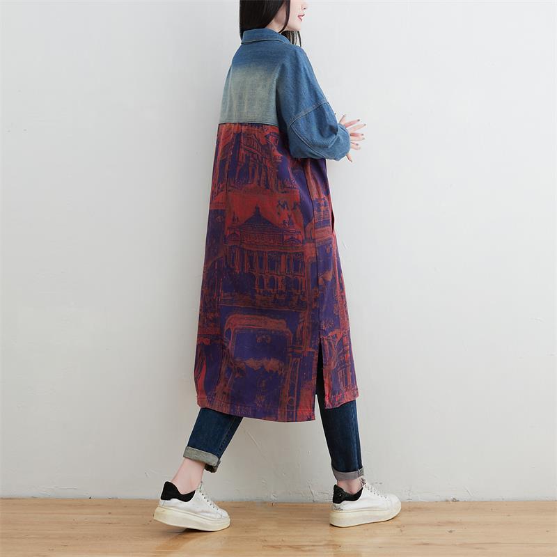 Knee-length patchwork denim trench coat
