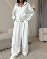 Zippered hooded sweatshirt and lace-up trousers two-piece set