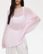 See-through thin scoop neck flared sleeve knitted T-shirt