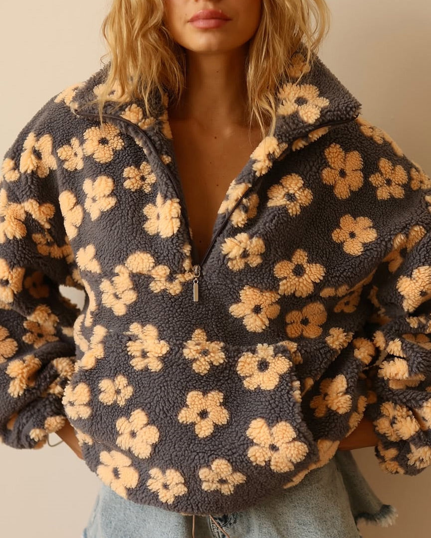 Faux Sherpa Print Kangaroo Pocket Loose Zip Top