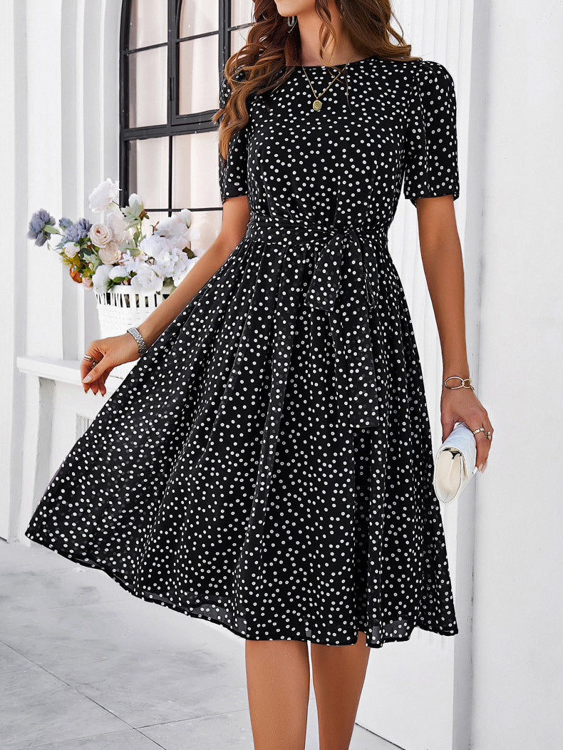 Rundhalsausschnitt, Kurzarm, Taillengürtel, Poled Dot-Kleid