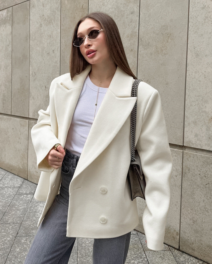 Vermont Village Double-breasted beige woolen suit jacket
