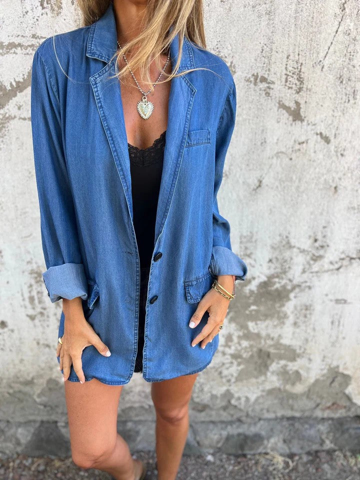 Mittellange Jeansjacke mit lockerem Revers und Anzugkragen