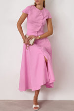 Chic button design Short-sleeved top A-line maxi skirt Two-piece suit