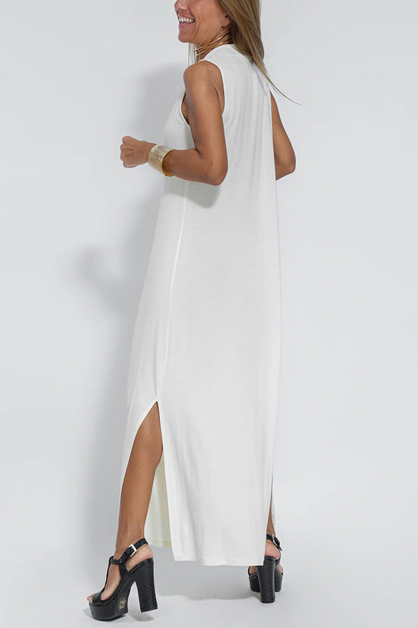 Elegant V-neck Sleeveless Long Dress Matching Vest Cardigan