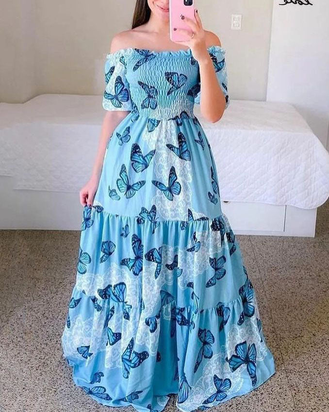 Lindo vestido maxi floral de verão com ombros largos